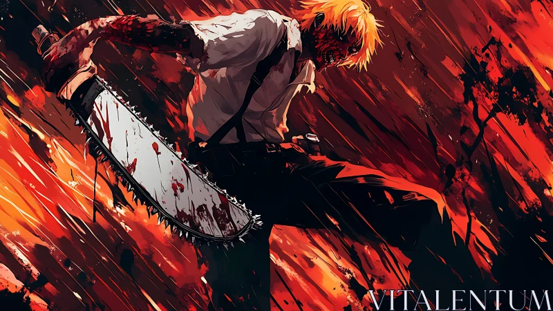 Blood-soaked chainsaw warrior lunges through burning chaos