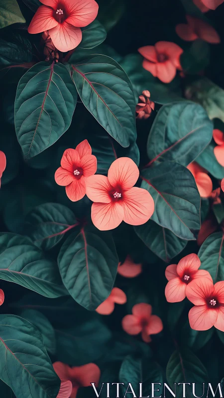 Coral-Red Flowers Bloom Among Deep Green Foliage.