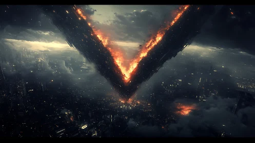 Inverted V-shaped starship breach over burning megacity skyline