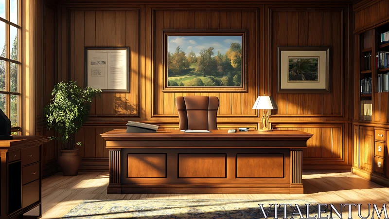 Wood paneled executive office with central desk and chair.