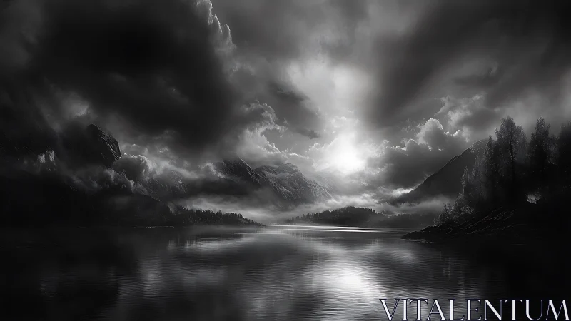 High-contrast monochrome lake valley under dense storm cloud stratification