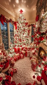 Glowing white Christmas tree anchors a lavish red holiday room.
