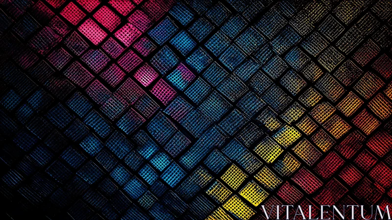 Diagonal grid of textured colored tiles under high contrast lighting