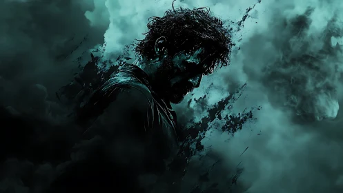 Brooding male silhouette amid teal smoke and shadow.