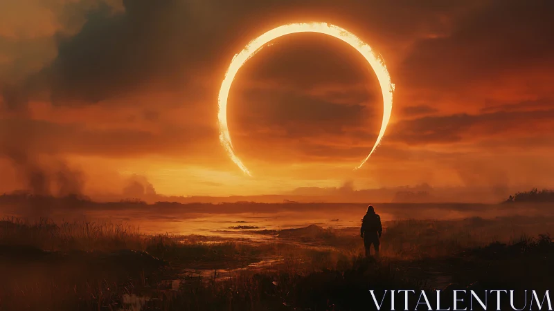 Fiery eclipse hangs over a lone traveler in glowing marshlands