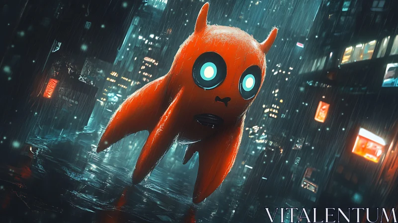 Neon red creature floats through rainy cyberpunk city night.