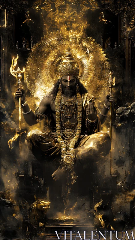 Golden divine figure seated with weapons in radiant halo