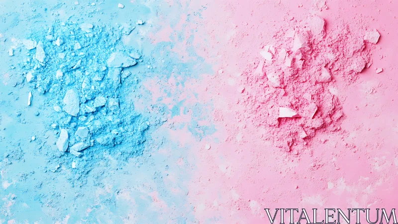 Crushed blue and pink pigment powders form textured dual-color field