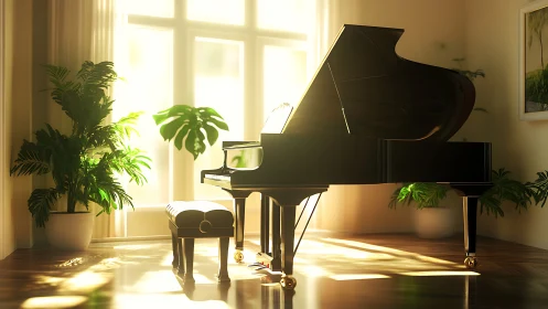 Sunlit grand piano rests beside indoor plants in lounge