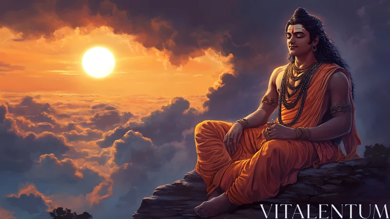 Sunlit ascetic meditates above stratocumulus cloud layer at dusk