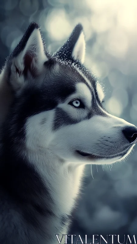 Snowlit husky listens for distant echoes in the winter hush
