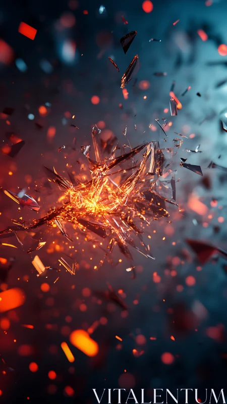 Exploding glass shards around molten energy core in void.