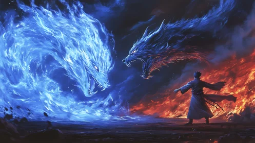 Sorcerer commands twin fire wolves in raging elemental clash.