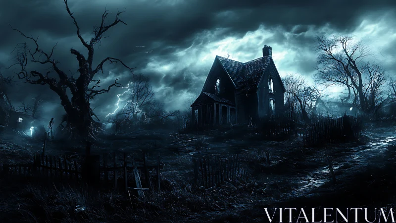 Isolated wooden house in storm-lit nocturnal landscape.