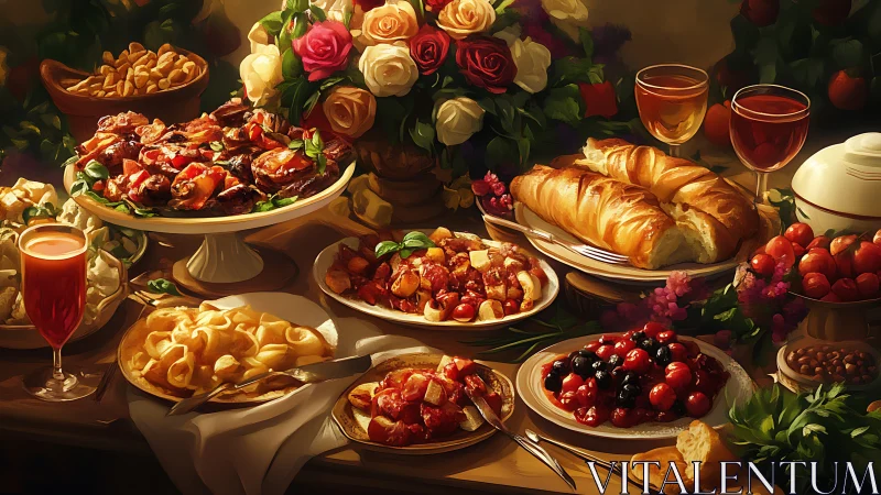 Still life depicts arranged baked goods and fruit dishes