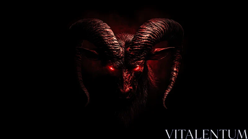 Demonic ram head emerges from darkness with burning eyes