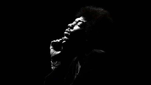 Side-lit thinker rises from the dark in silvered silhouette.