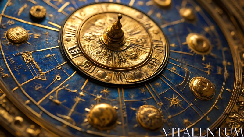 Celestial brass astrolabe glows over deep lapis sky face.