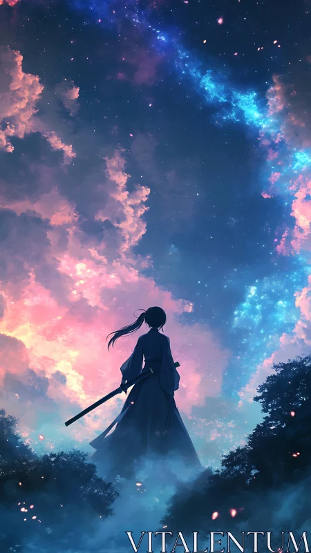 Celestial katana silhouette beneath chromatic nebula canopy.