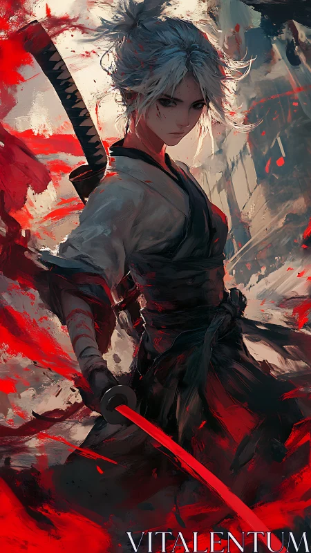 White‑haired female samurai with crimson katana in motion
