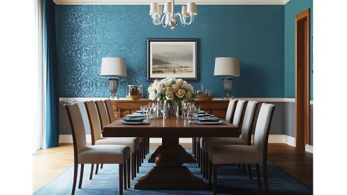 Elegant teal dining room with long wooden table and chairs.