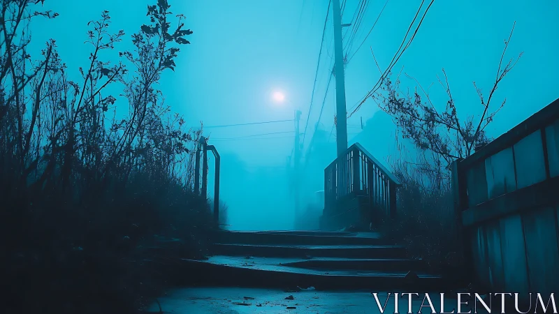 Midnight fog rehearses secrets on a lonely suburban stairway