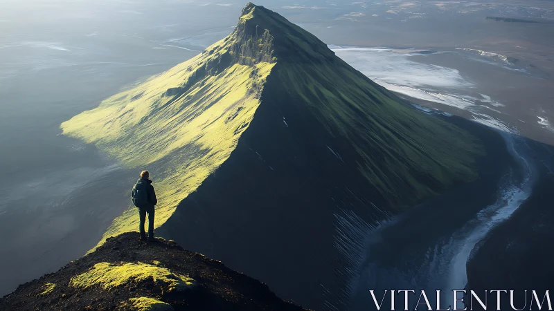 Lone hiker contemplates a sunlit mossy mountain ridge
