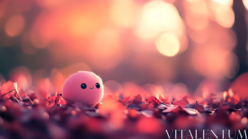 Cute pink fluffy ball character on autumn forest floor.