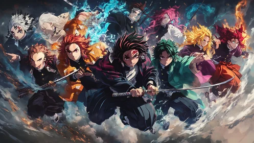 Fierce anime swordsmen surge forward in a storm of vivid power