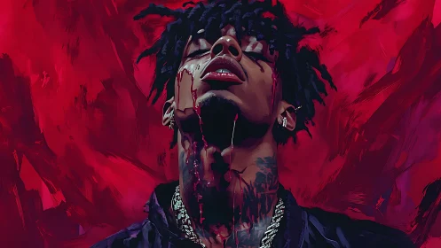 Chromatic portrait with viscous red flow and upward gaze.