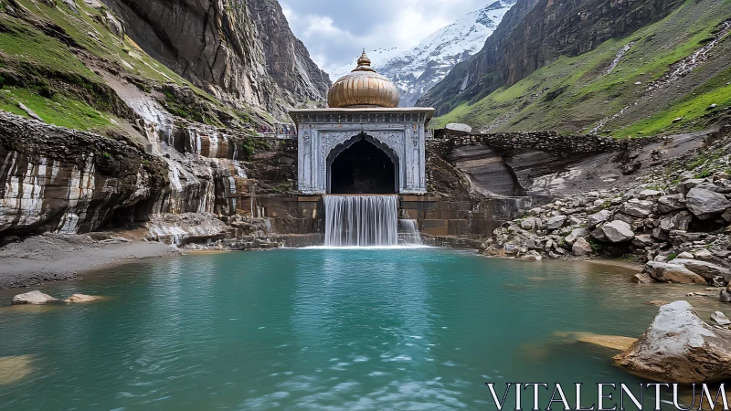 Mountain shrine cascade reflected in turquoise glacial pool.