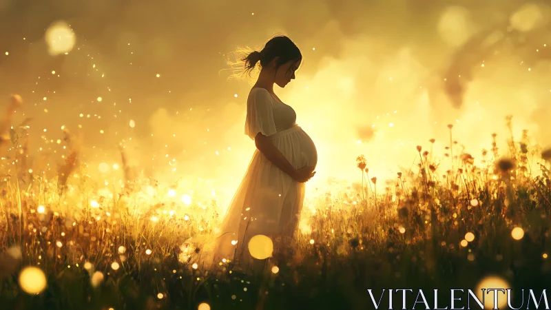 Pregnant woman in meadow at golden sunset light period.
