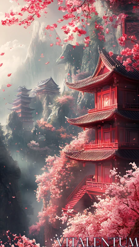 Red mountain pagoda under pink cherry blossoms in mist
