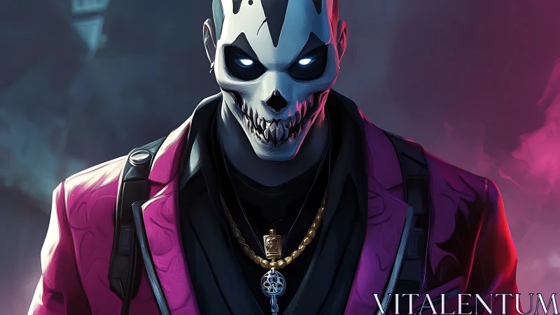 Neon-jacketed skull warden stalks through electric twilight