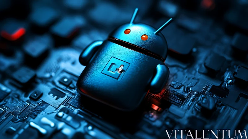 Metallic Android mascot resting on illuminated circuit substrate