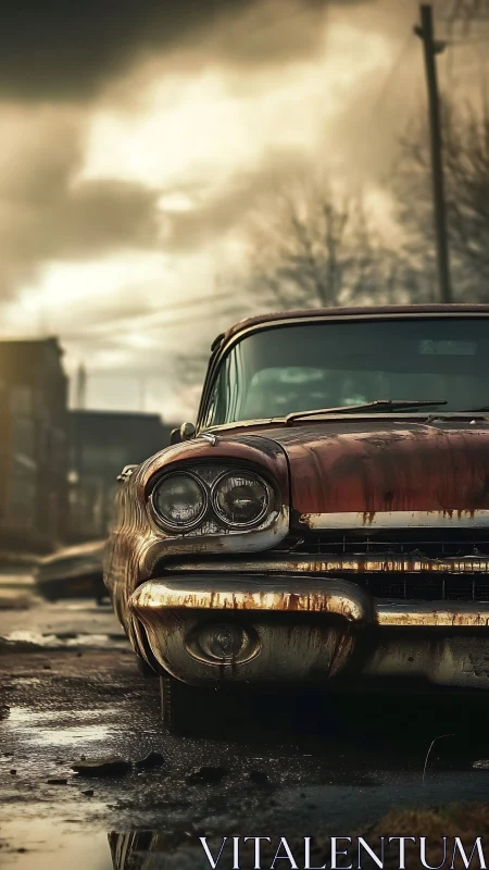 Rusted classic car on wet urban street at dusk.