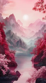 Monochromatic pink mountain lake rendered with atmospheric perspective