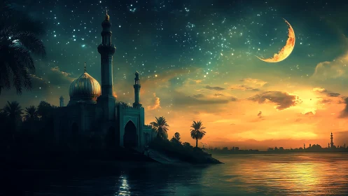 Riverside mosque under crescent moon and starry twilight sky.