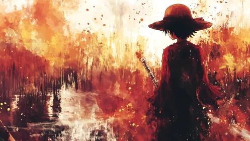 Solitary swordsman in red coat amid abstract fiery marshland