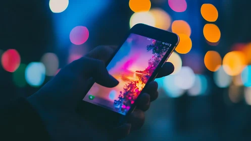 Smartphone screen framing vivid sunset over city lights.
