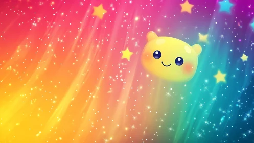 Cheerful starry jelly friend drifts through a rainbow sky