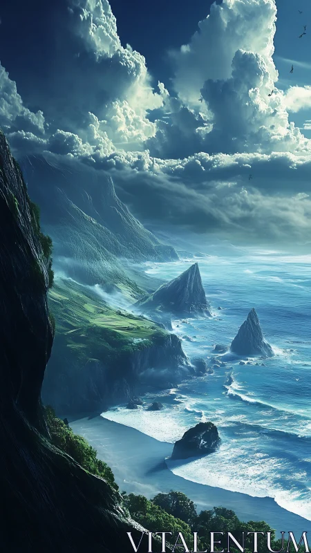 Coastal Precipice: Digital Seascape with Dramatic Cloud Formation.