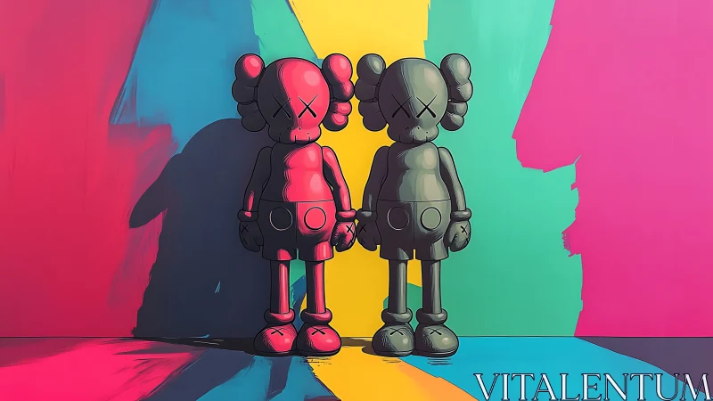 Pop art twin figures on vivid color block backdrop.