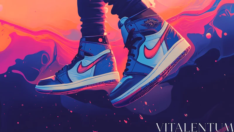 High-top sneakers in stylized neon gradient environment.