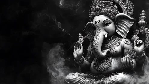 Monochrome Ganesha sculpture with ornate detailing.