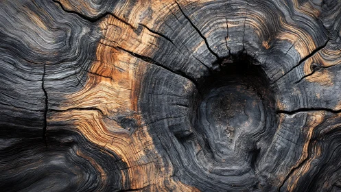 Weathered tree trunk cross-section with radial cracks detail.