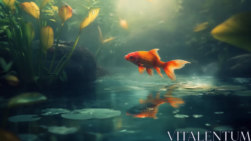 Golden koi glides through glowing pond in tranquil light.