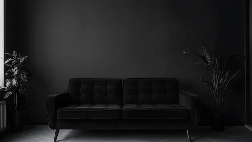 Velvet midnight sofa framed by plants in moody shadow play.