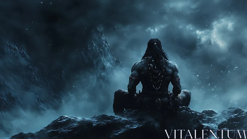 Digital painting of lone warrior meditating in stormy mountain void.