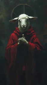 Lamb-headed figure in crimson robe under haloed chiaroscuro.